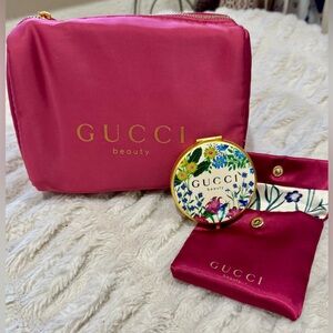 *Bundle Deal*Fuchsia Cosmetic Bag with Gold Accents & Floral Compact Mirror